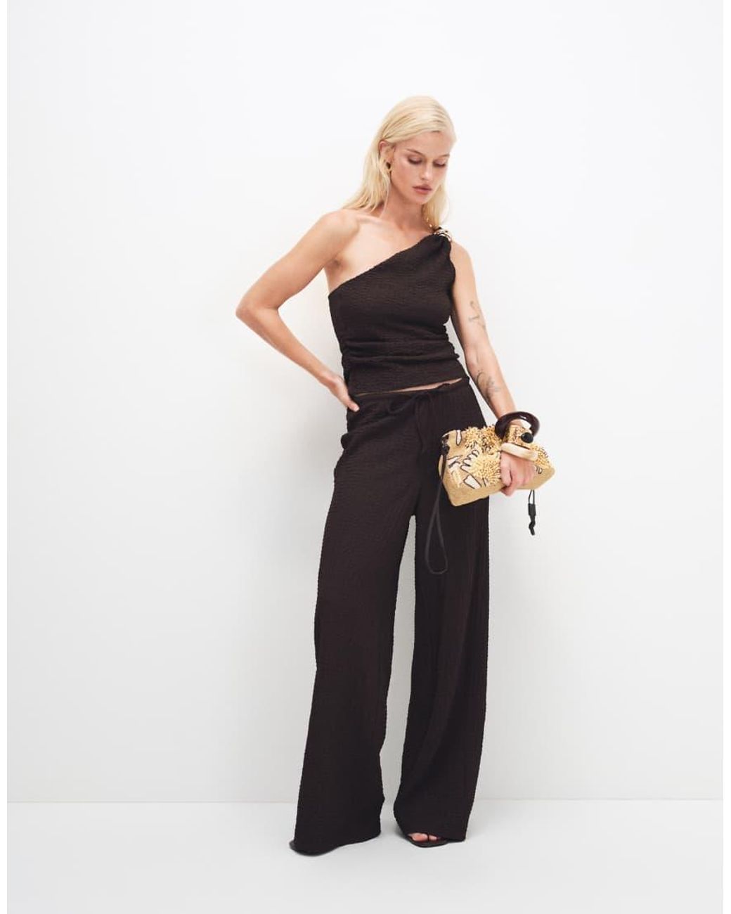 ONLY Brown Asymmetric Crinkled Textured Top