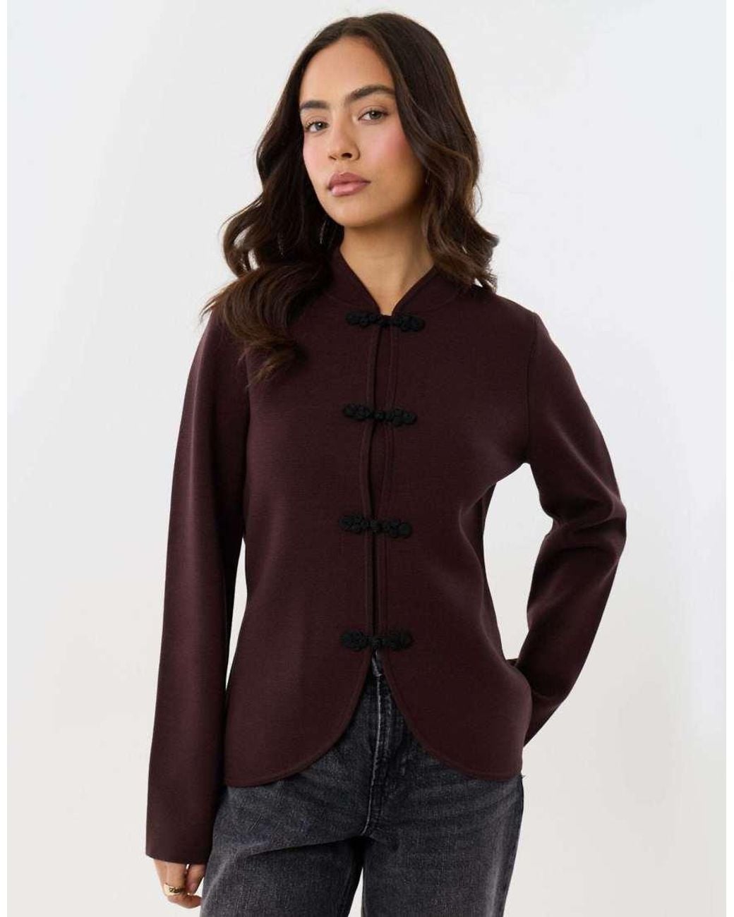 Threadbare Brown Curved Hem Mandarin Style Cardigan