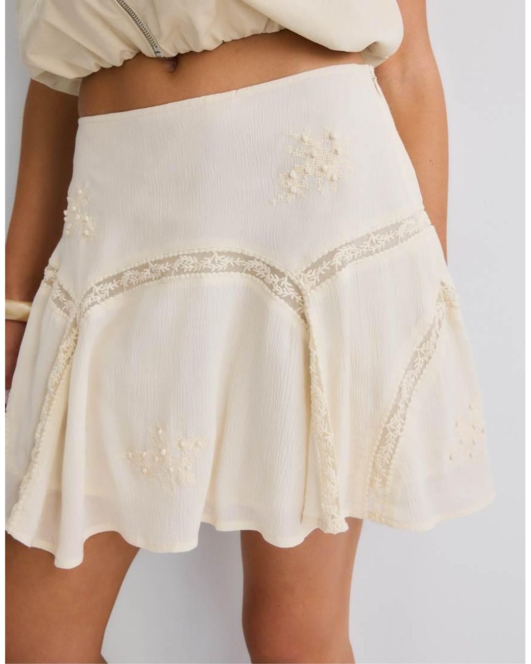 Stradivarius Natural Embroidered Godet Mini Skirt
