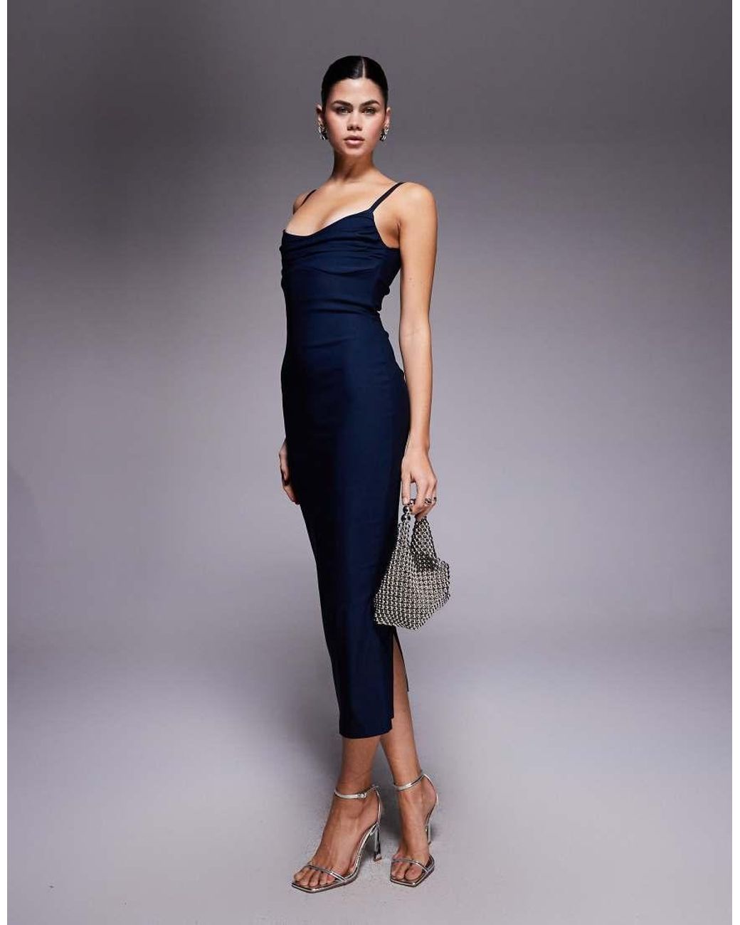 Vesper Blue Bengaline Cami Strappy Ruched Bust Midaxi Dress