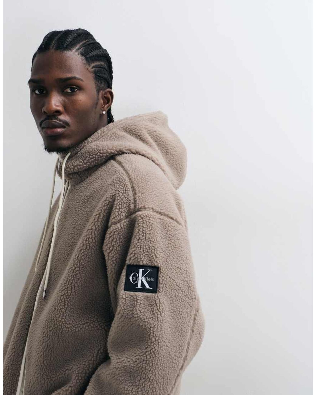 Calvin Klein Gray Badge Sherpa Funnel Neck Zip Up Hoodie for men