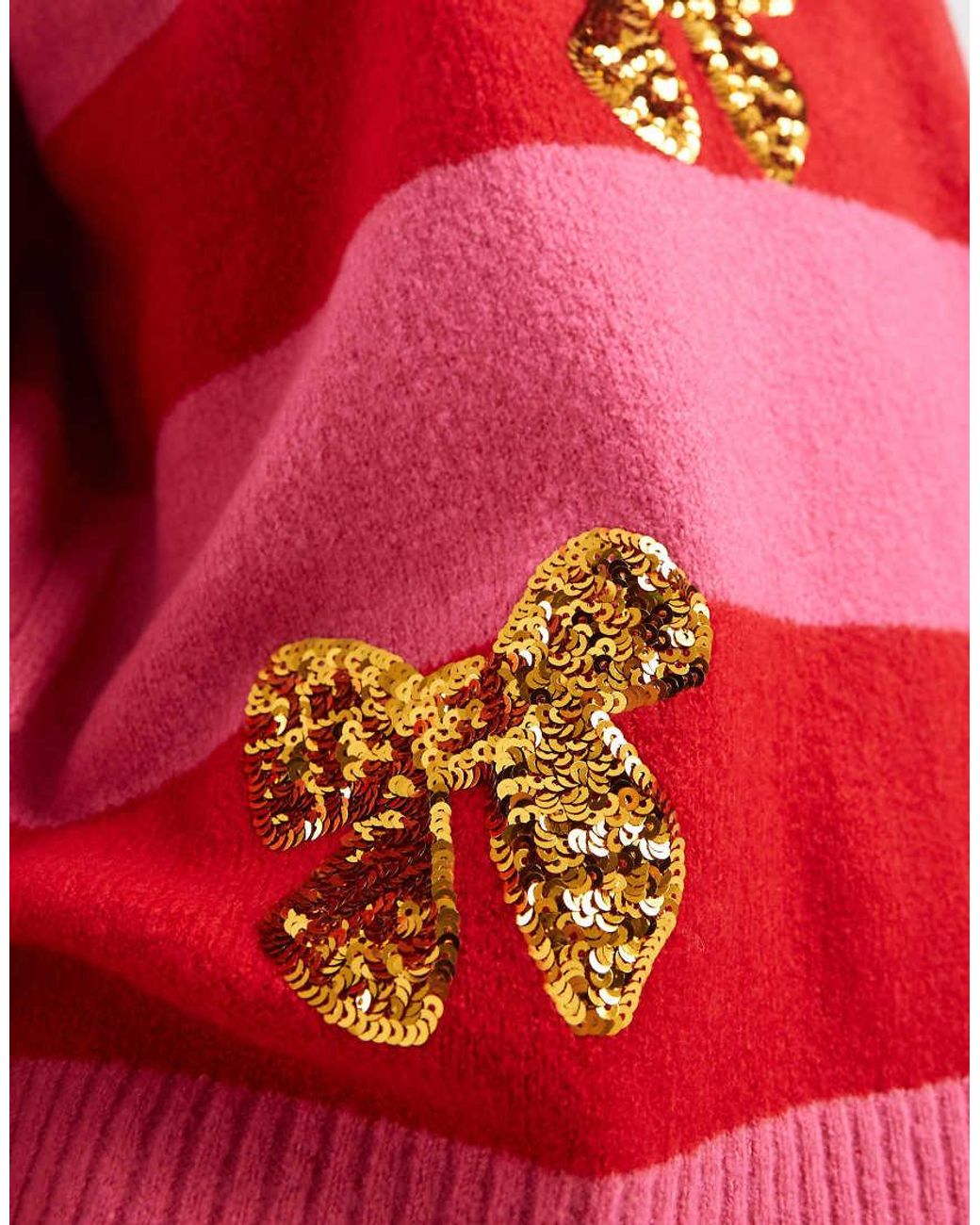 Brave Soul Red Crew Neck Stripe Jumper With Sequin Bow Detail
