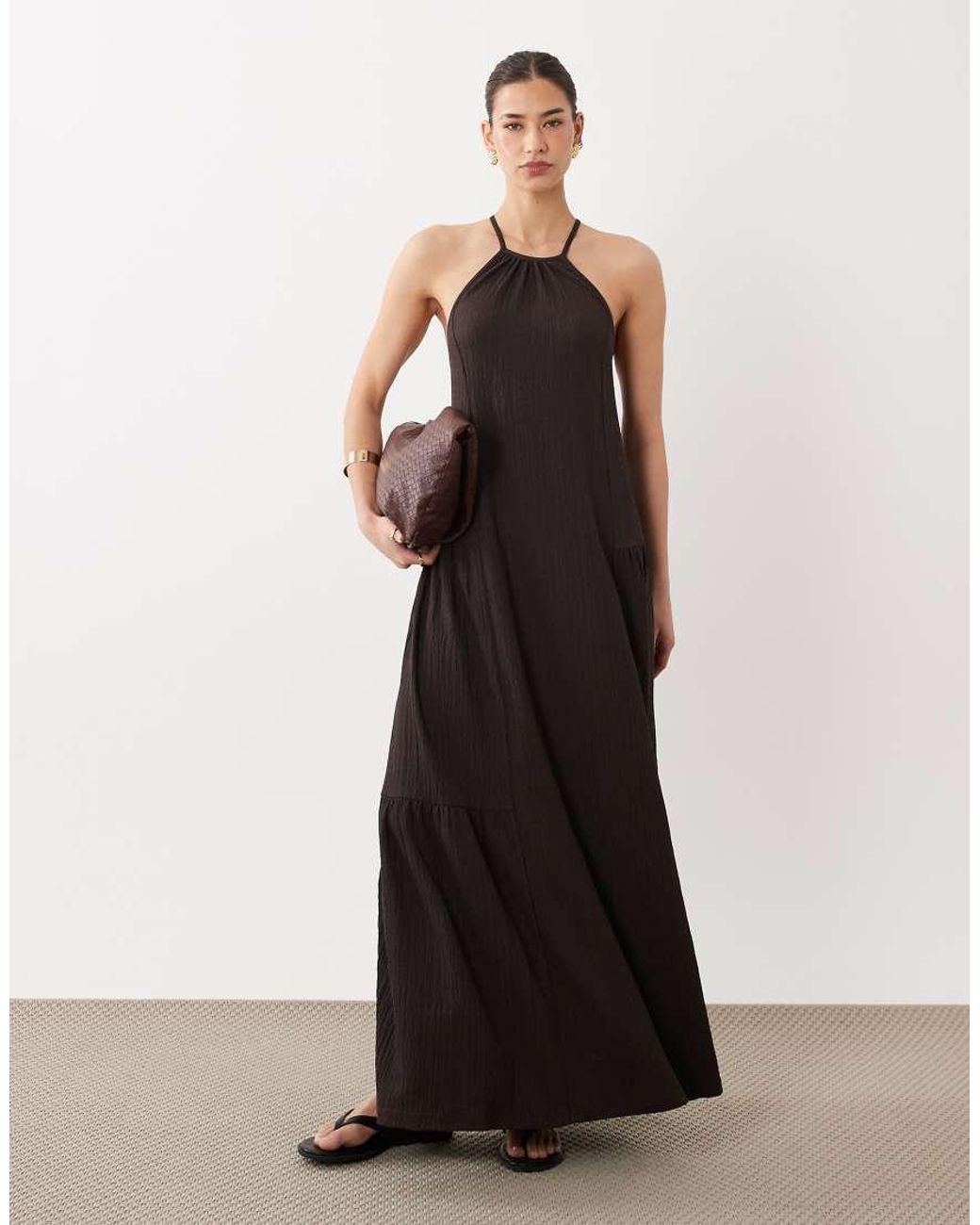 ASOS Black Textured Halter Trapeze Maxi Dress