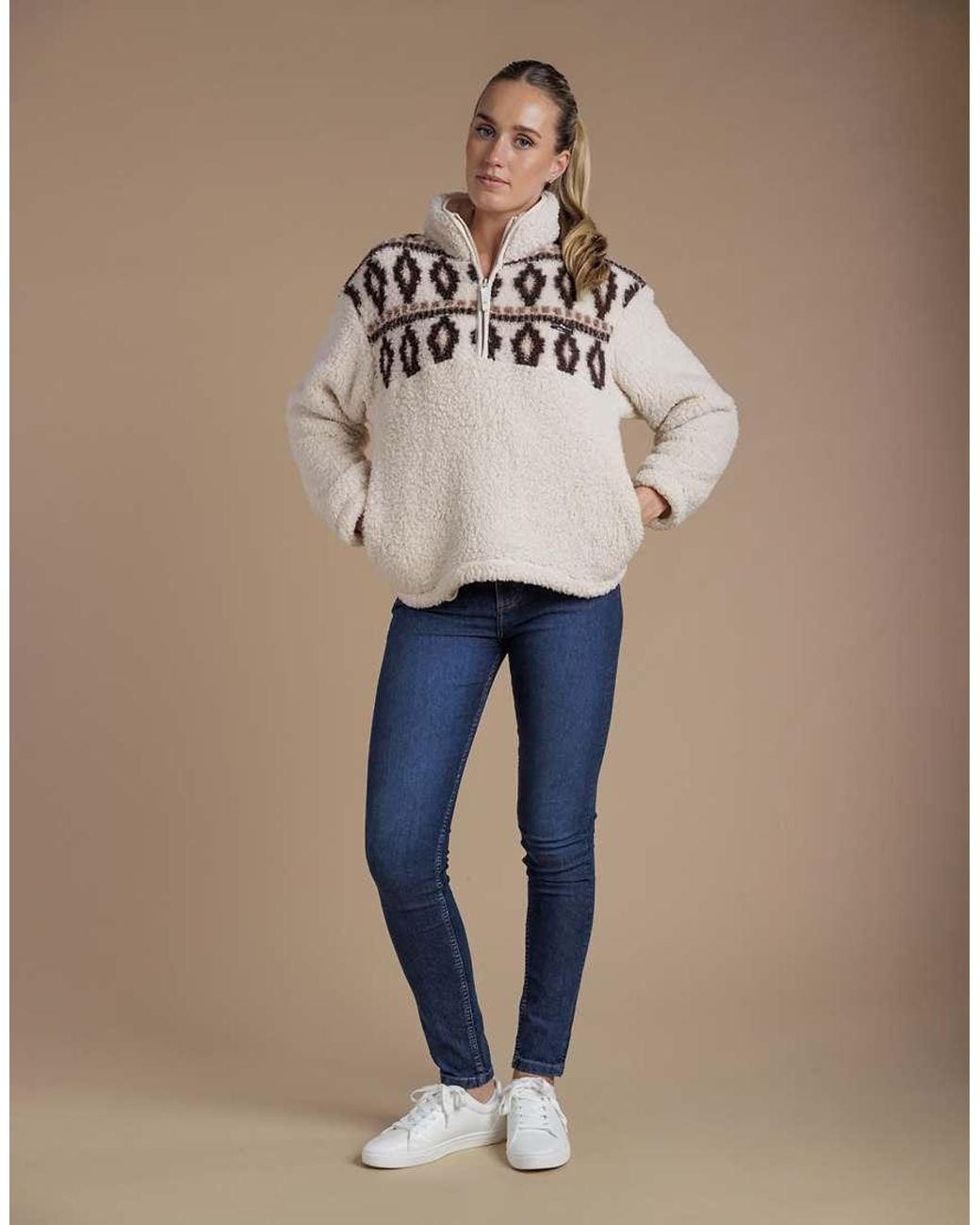 French Connection Natural Fairisle Borg High Neck 1/2 Zip Fleece Pullover