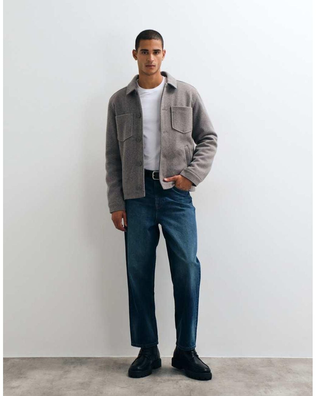 Threadbare Gray Faux Wool Collared Jacket With Patch Pockets for men
