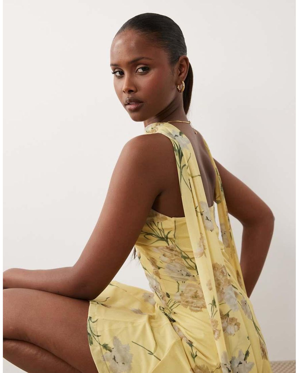ASOS Natural Printed Mesh Scarf Detail Godet Mini Dress