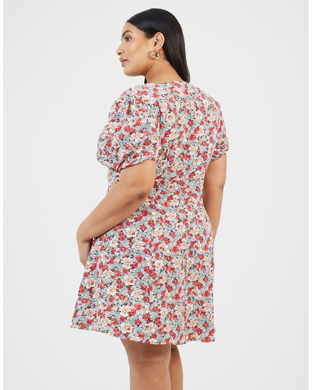 Brave Soul Pink Curve Floral Puff Sleeve V-Neck Mini Dress