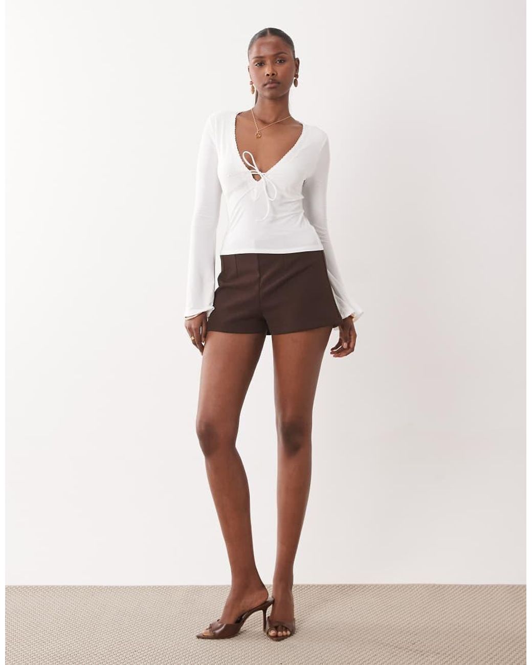 ASOS White Flared Long Sleeve Lace Trim Tie Detail