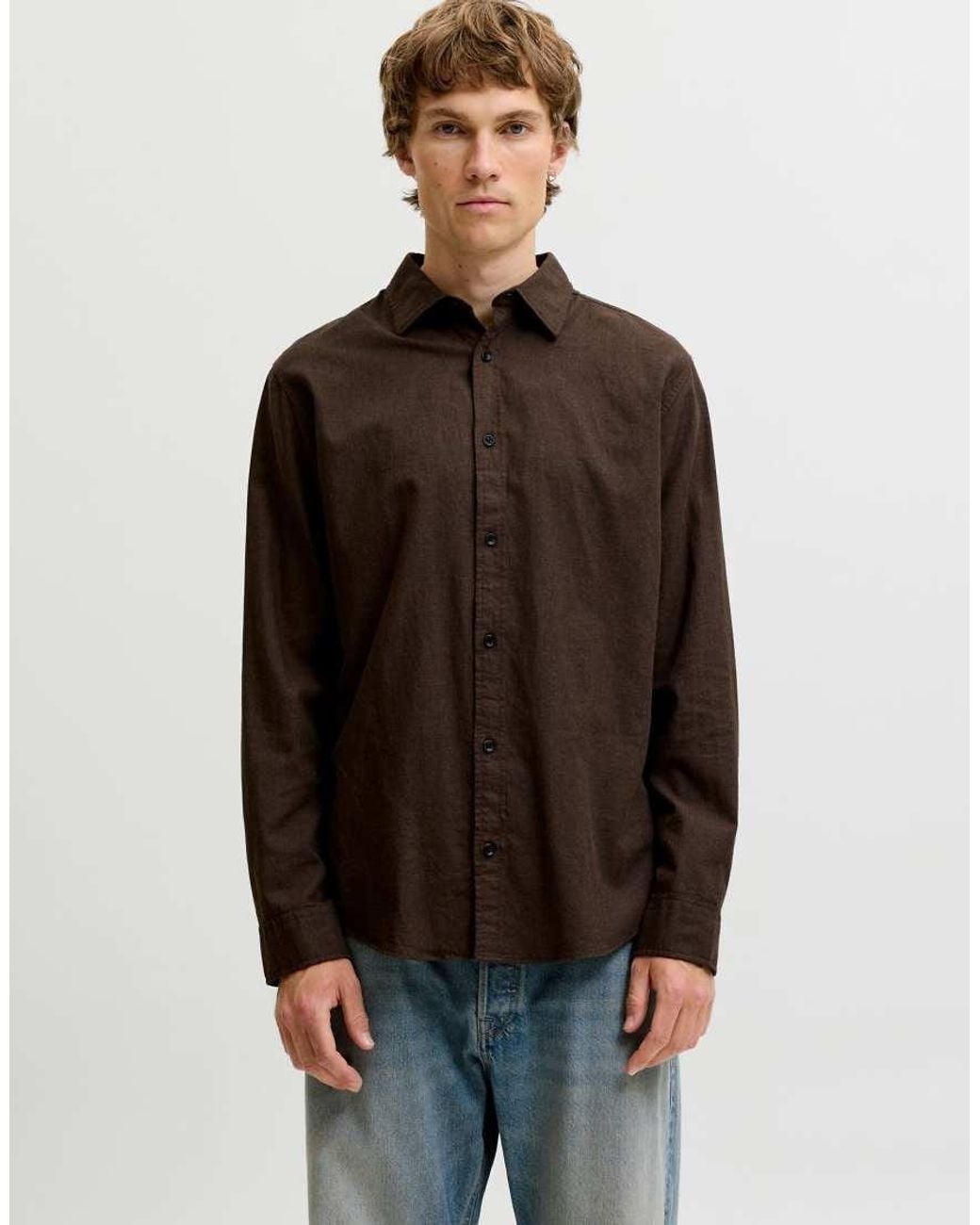Jack & Jones Brown Field Spread Collar Long Sleeve Shirt for men
