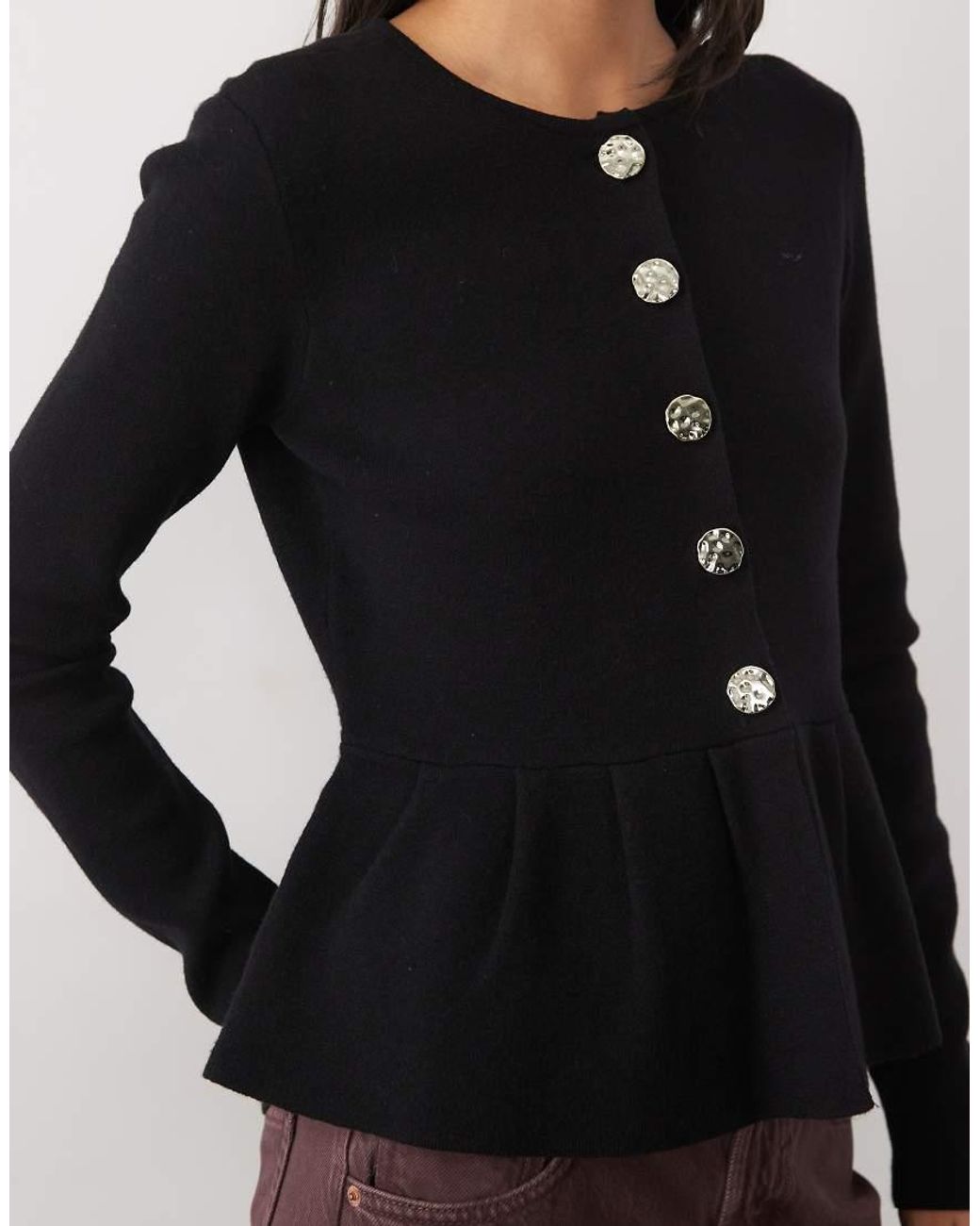 Threadbare Black Crew Neck Peplum Cardigan With Buttons