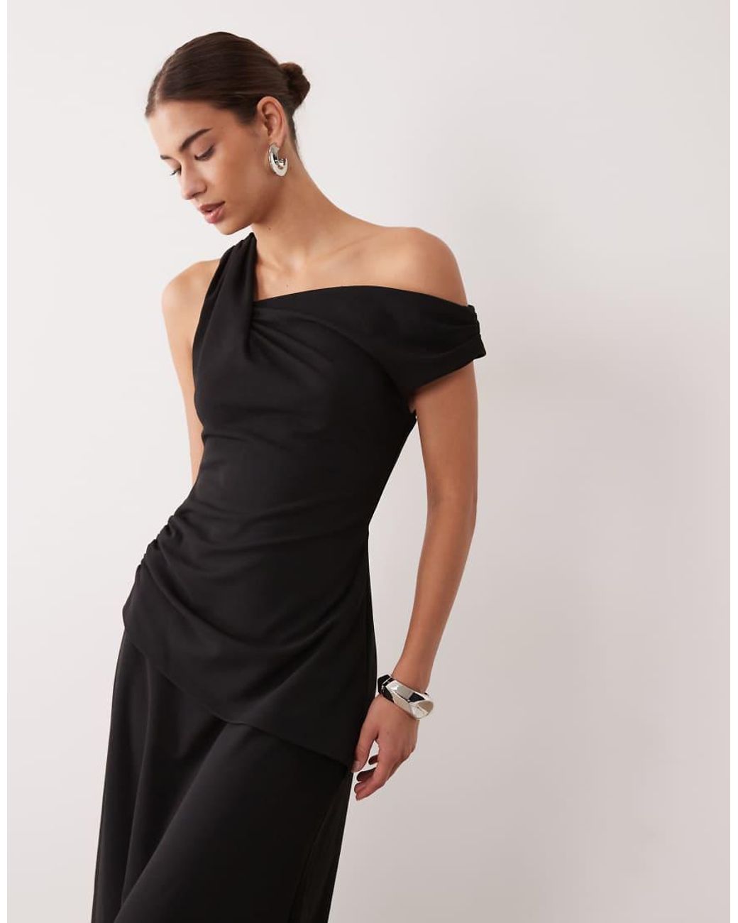 ASOS Black Crepe Fallen Shoulder Maxi Dress With Ruched Skirt Detail