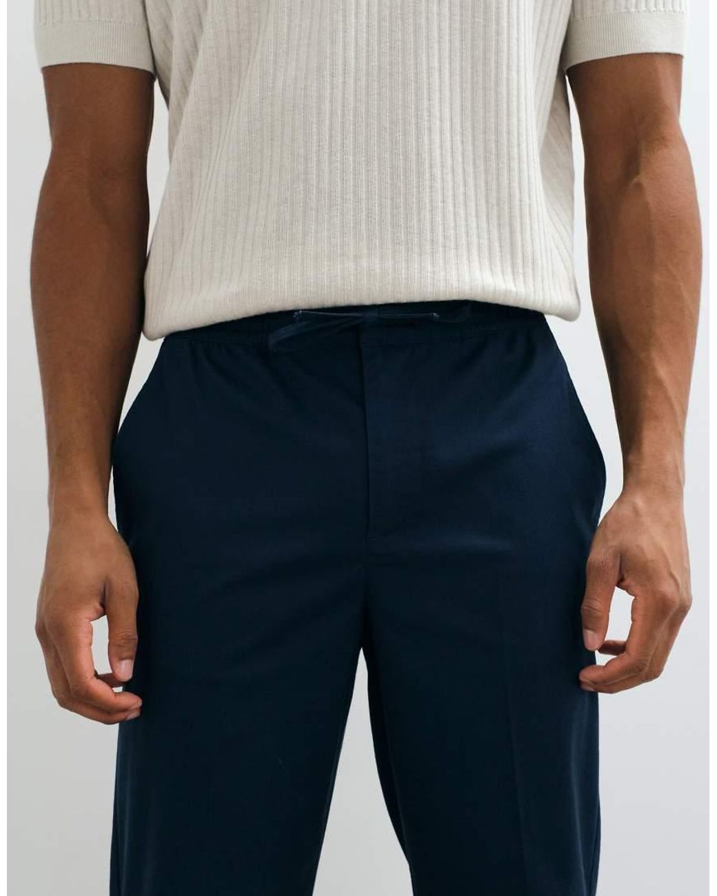 Threadbare White Drawstring Waist Straight Leg Trousers With Pleat for men