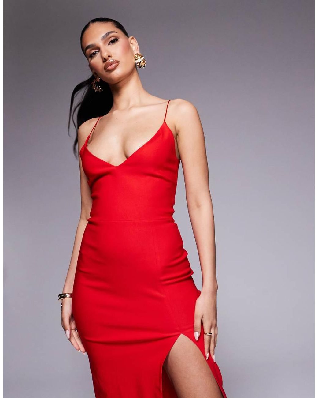 Vesper Red Cami Strap Midaxi Dress With Thigh Split