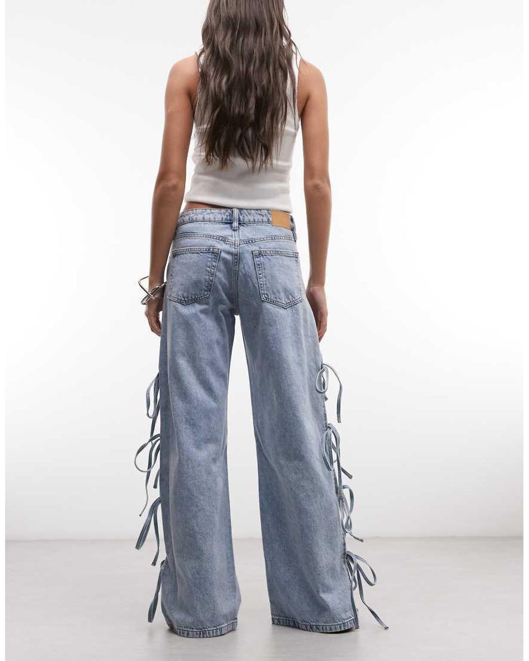 Monki Blue Low Waist Wide Leg Jeans With Side Tie Bow Detail
