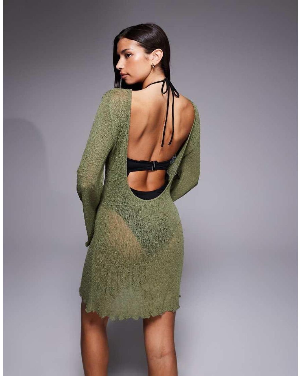 ASOS Green Beach Knitted Boucle Scoop Back Mini Dress