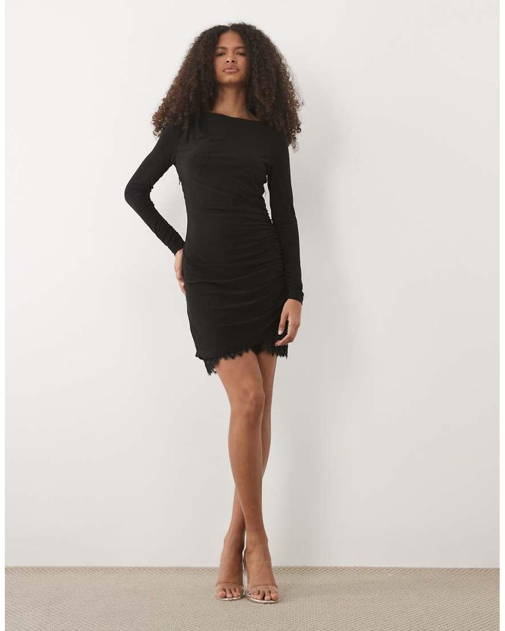 Forever New Black Jersey Long Sleeve Lace Hem Mini Dress