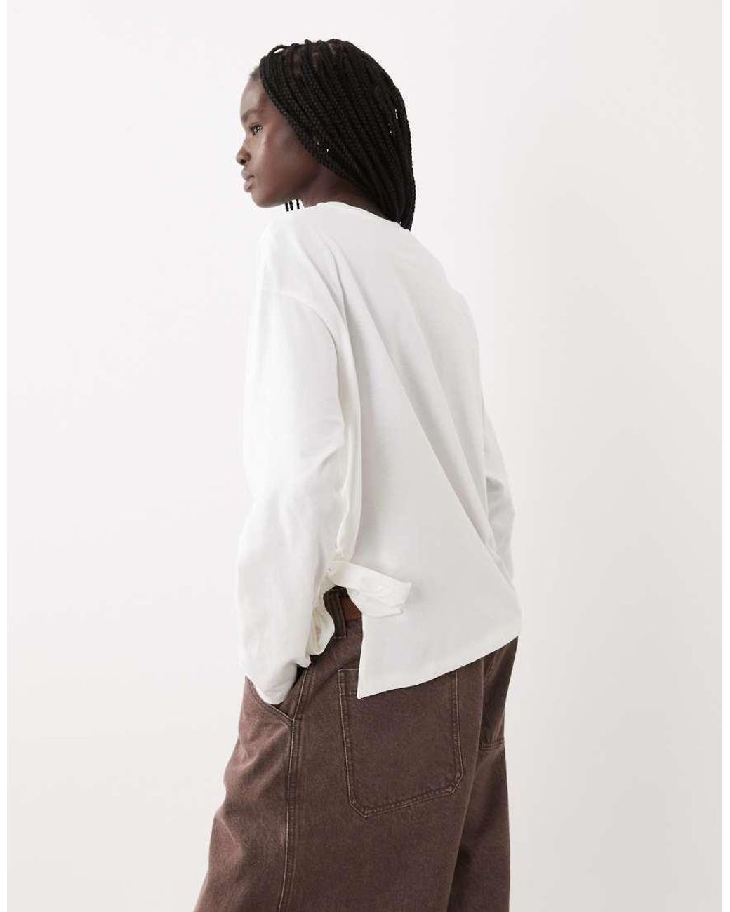 ASOS White Knotted Hem Detail Crew Neck Long Sleeve Top