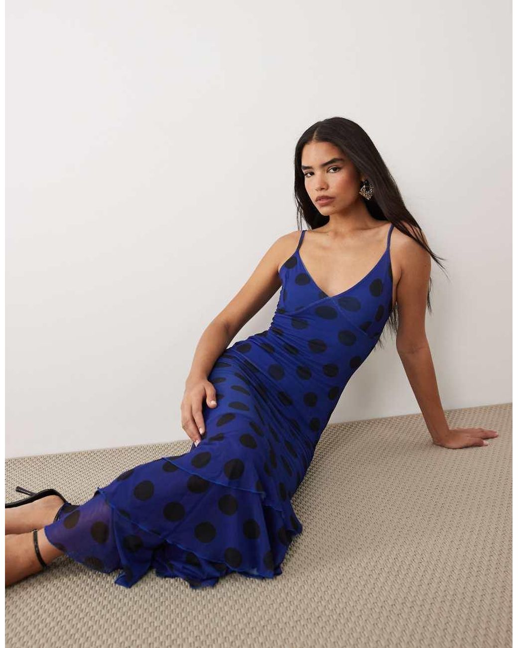 Kaiia Blue Exclusive Slinky Mesh Strappy Tiered Ruffle Hem Maxi Dress