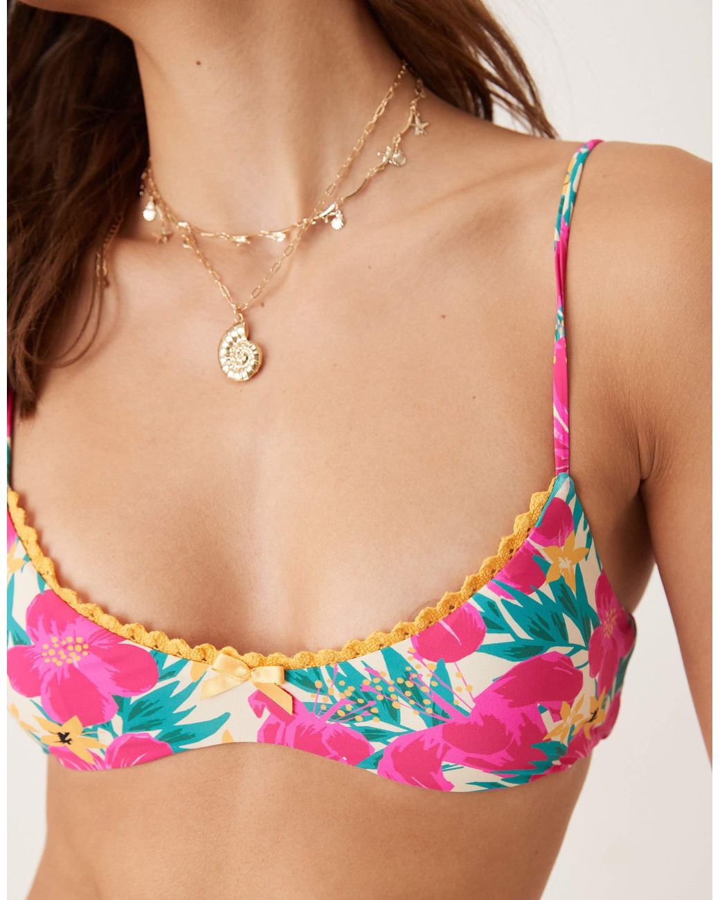 Wild Lovers Red Ohana Floral Print Bikini Top With Contrast Lace