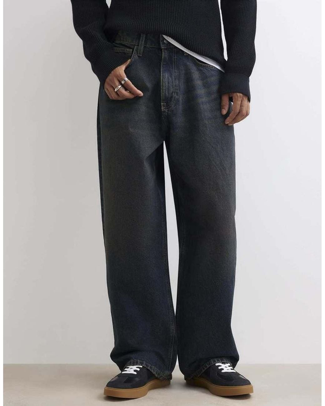 River Island Blue Baggy Fit Dark Wash Jeans for men