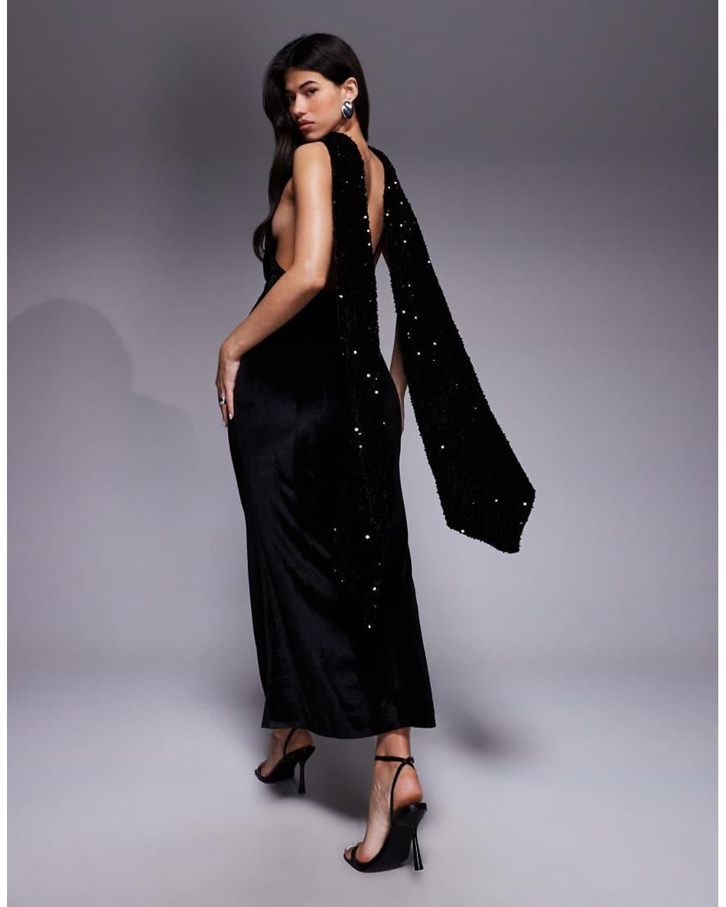 ASOS Blue Velvet Sequin Maxi Dress With Scarf Detail And Open Back