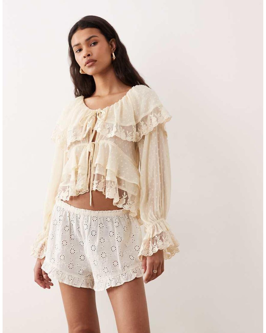 Miss Selfridge Natural Chiffon And Lace Tie Front Top