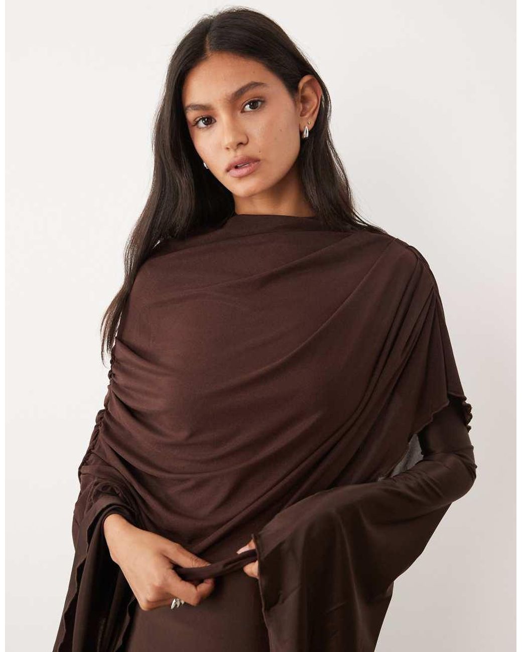 JW PEI Brown Exclusive Mesh High Neck Shawl Detail Maxi Dress
