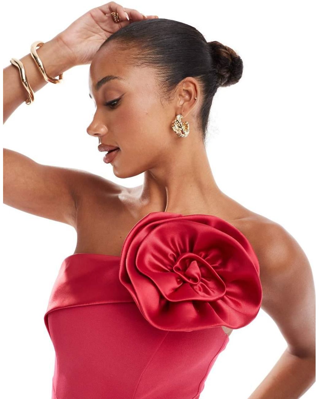 Goddiva Red Satin Corsage Crepe Maxi Dress
