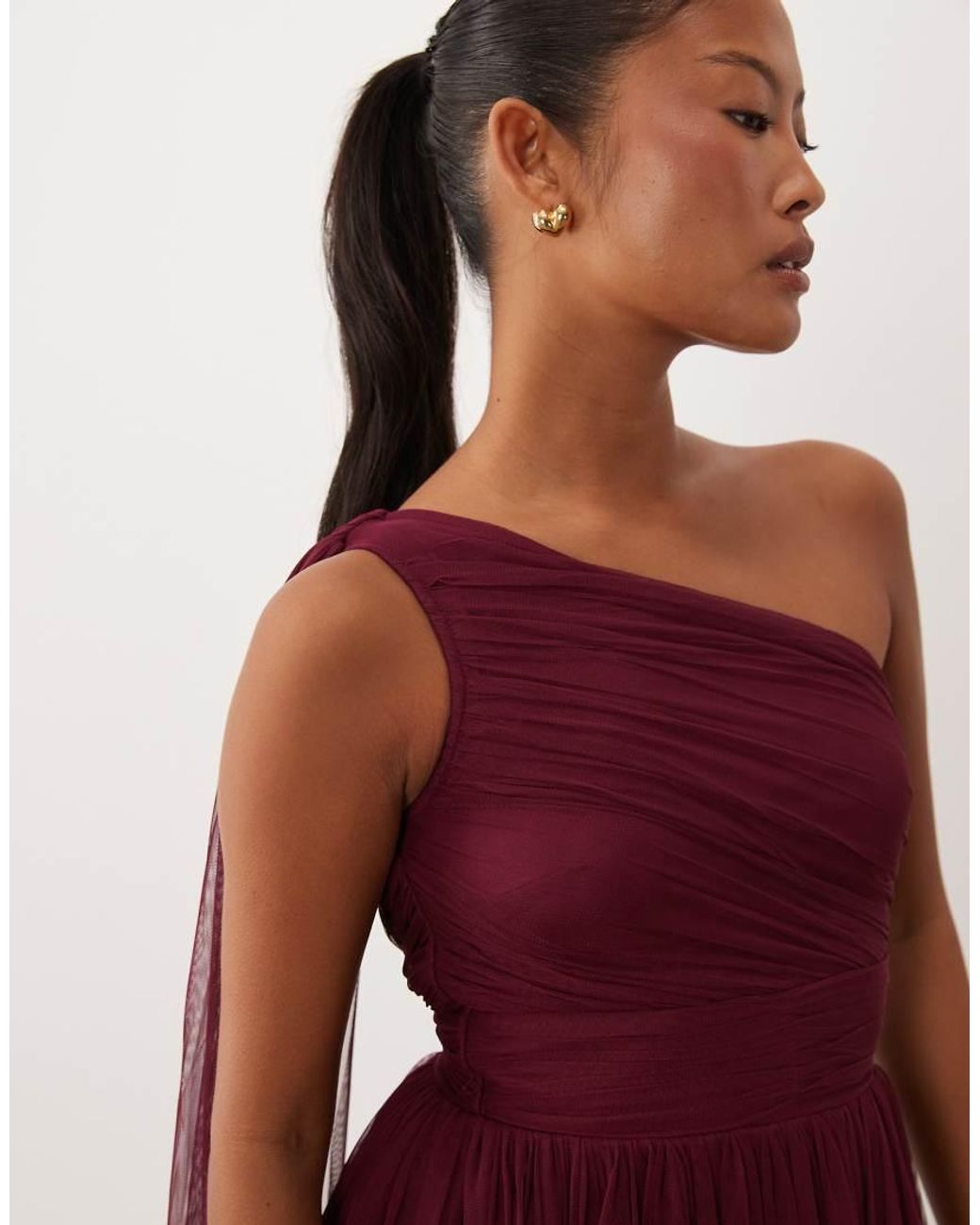 LACE & BEADS Red Bridesmaid One Shoulder Scarf Neck Maxi Dress