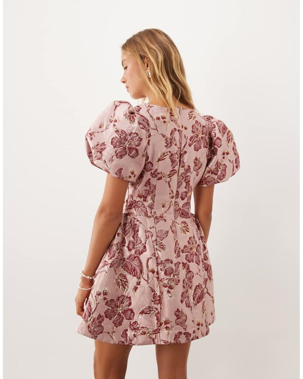 Sister Jane Red Quartz Jacquard Boat Neck Puff Sleeve Mini Dress