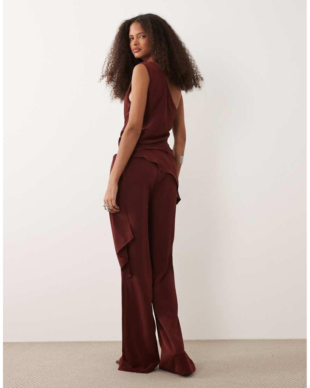 Mango Red One Shoulder Tie Waist Jumpsuit