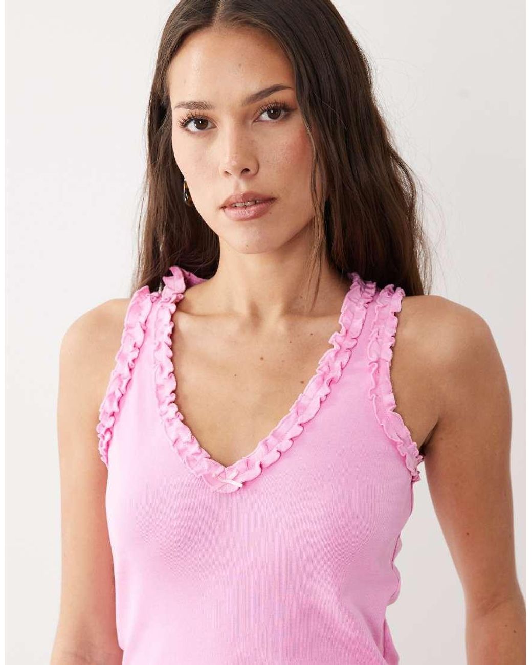 Miss Selfridge Pink V-neck Ribbed Tank Top With Lace Trim