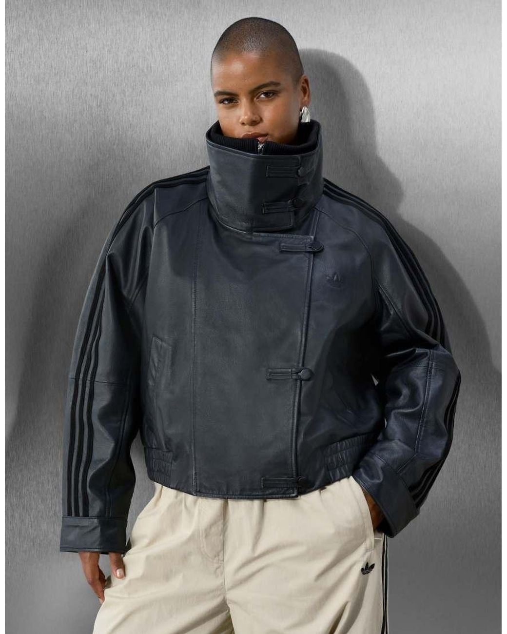 adidas Originals x ASOS Gray Oversized Leather Jacket With Funnel Neck And Rib Detail