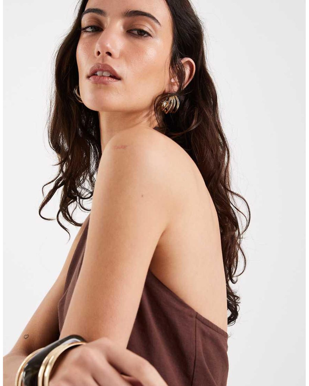4th & Reckless Brown Linen Feel Halterneck V Neck Floaty Top