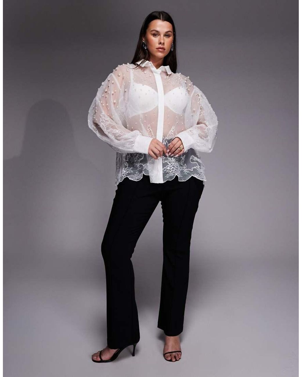 ASOS White Curve Organza And Lace Mix Pearl Embellished Shirt