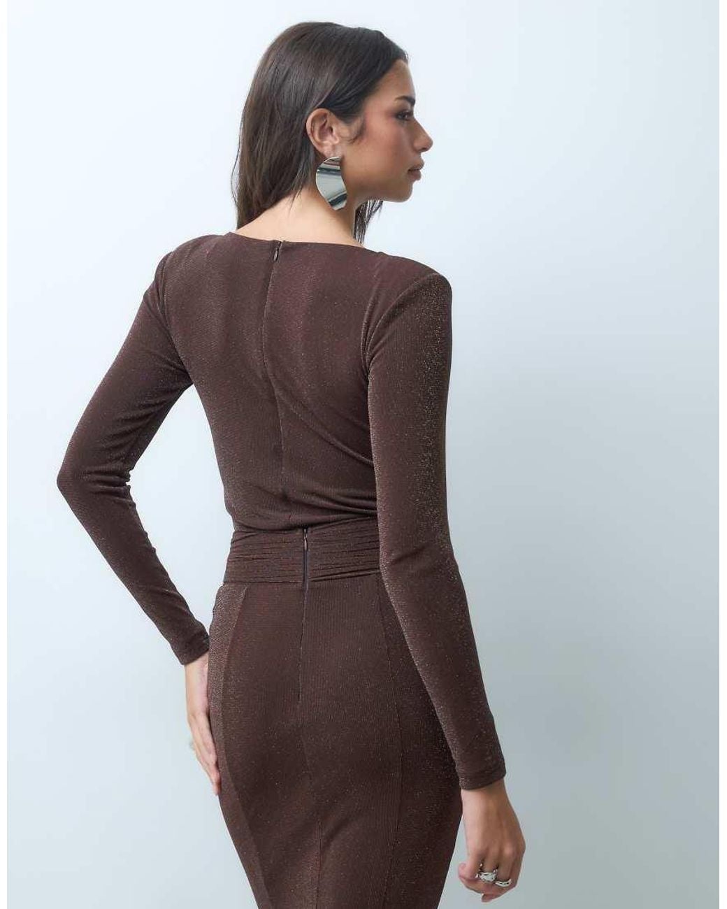 Wanderdoll Brown Wanderoll Nora Sculpted Slash Neck Shoulder Pad Detail Bodysuit Co-Ord
