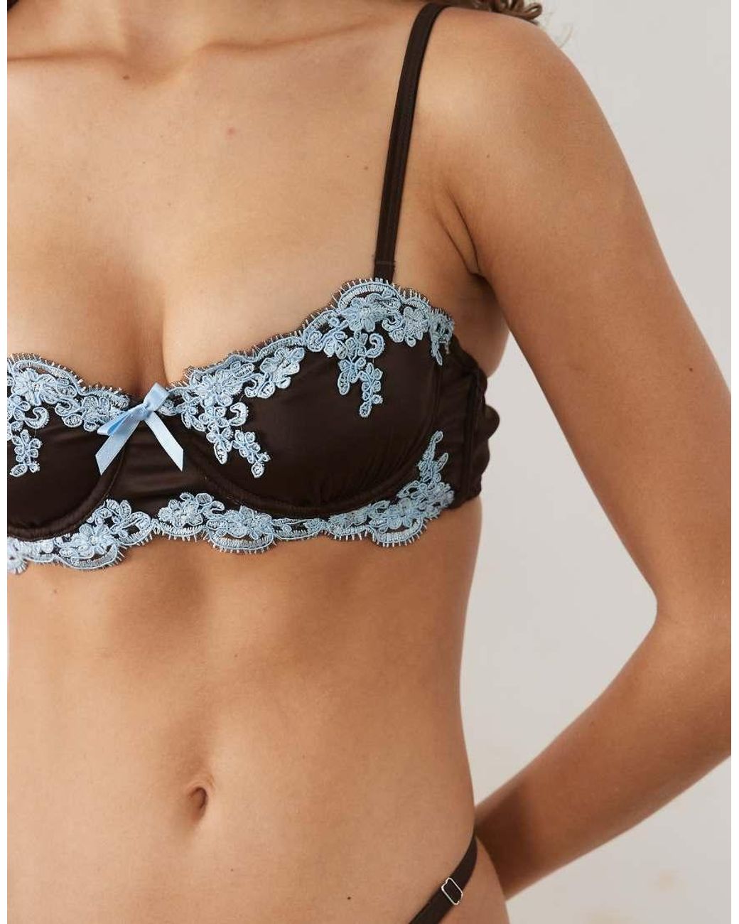 KAT THE LABEL Brown Jean Underwire Bra With Blue Lace Trim