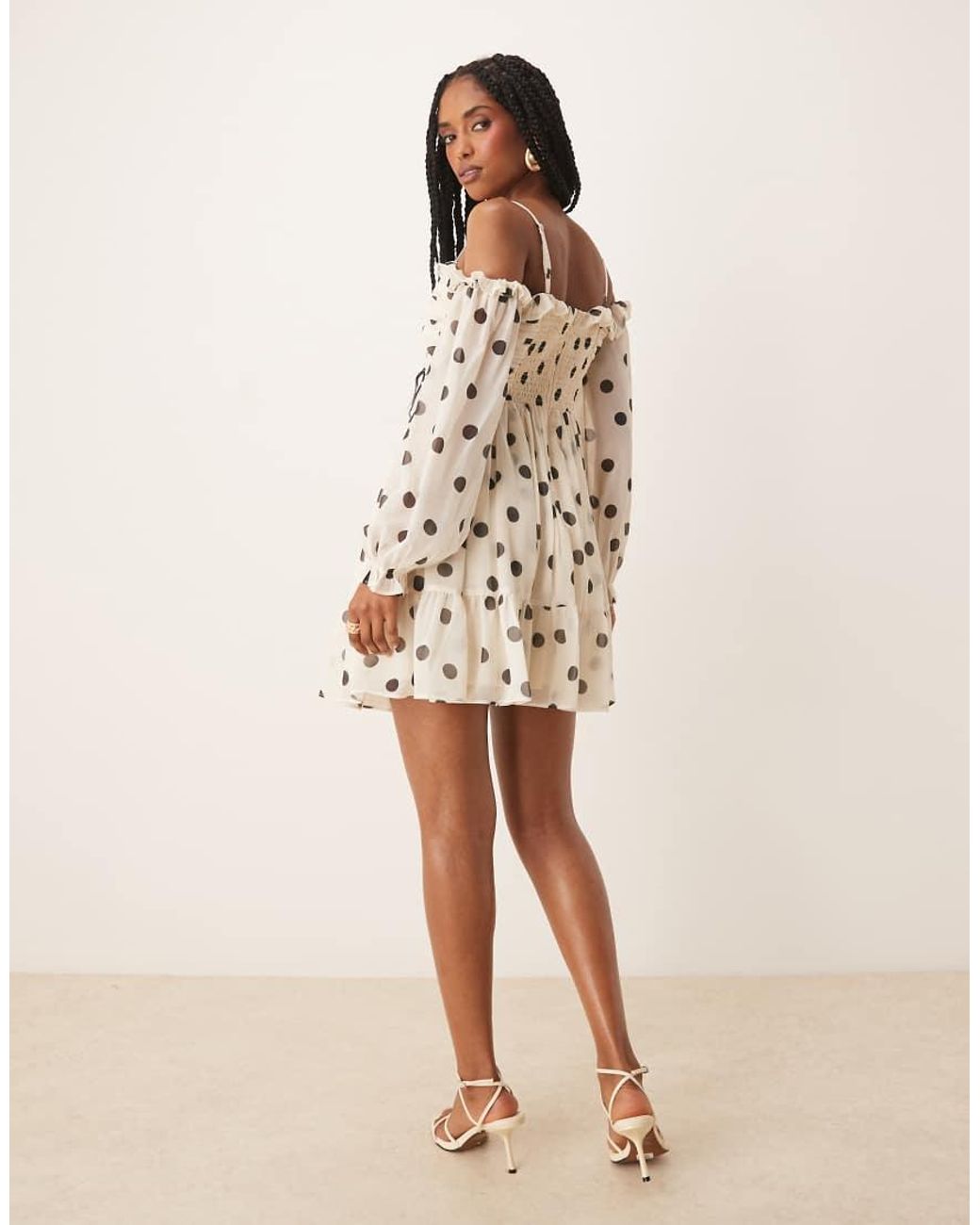 ANAYA Natural Polka Dot Bardot Long Sleeve Mini Dress
