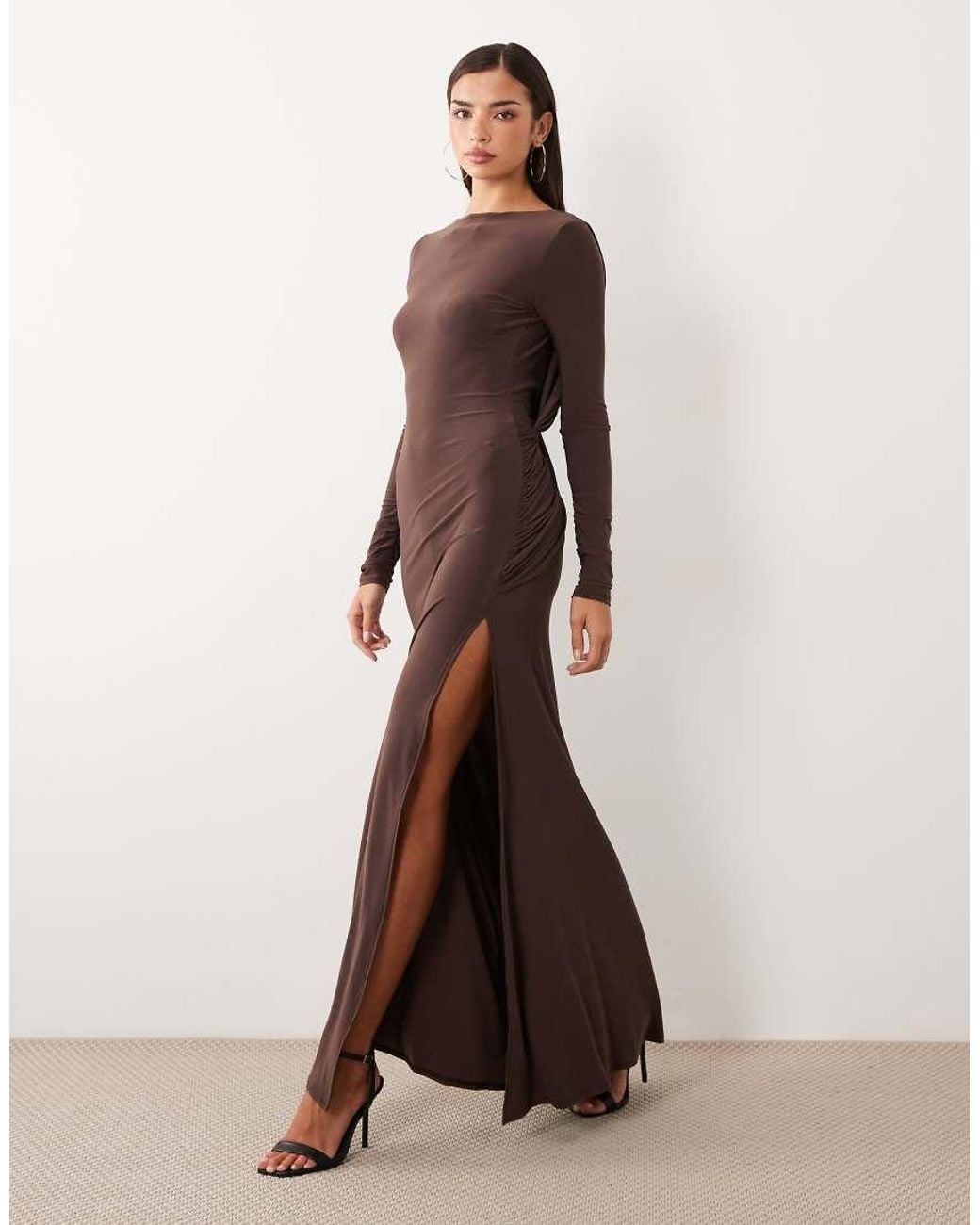 ASOS Brown Slinky Backless Maxi Dress With Gold Hardware Detail