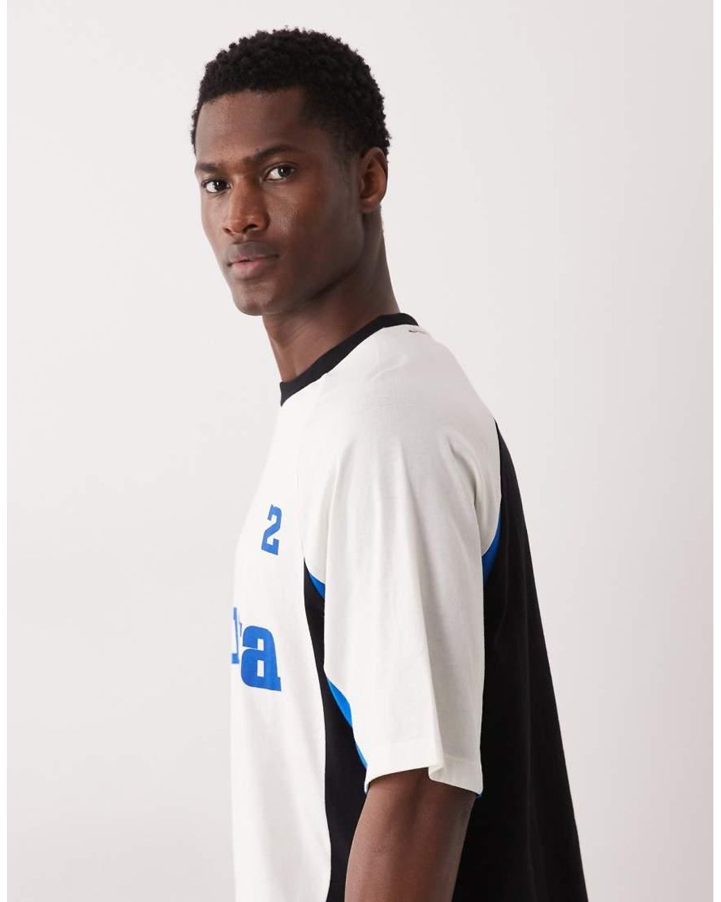 ASOS Blue Boxy Oversized T-Shirt With Cut And Sew Panelling And Sports Graphics for men