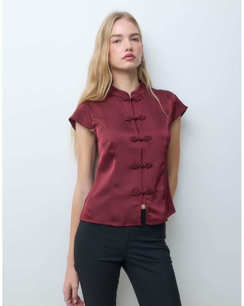 Object Red Short Sleeve Mandarin Style Top