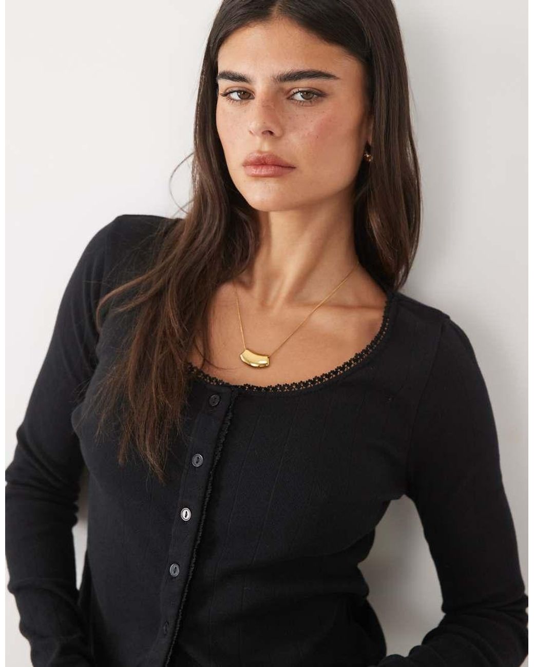 Nobody's Child Black Erin Cotton Pointelle Round Neck Lace Detail Cardigan