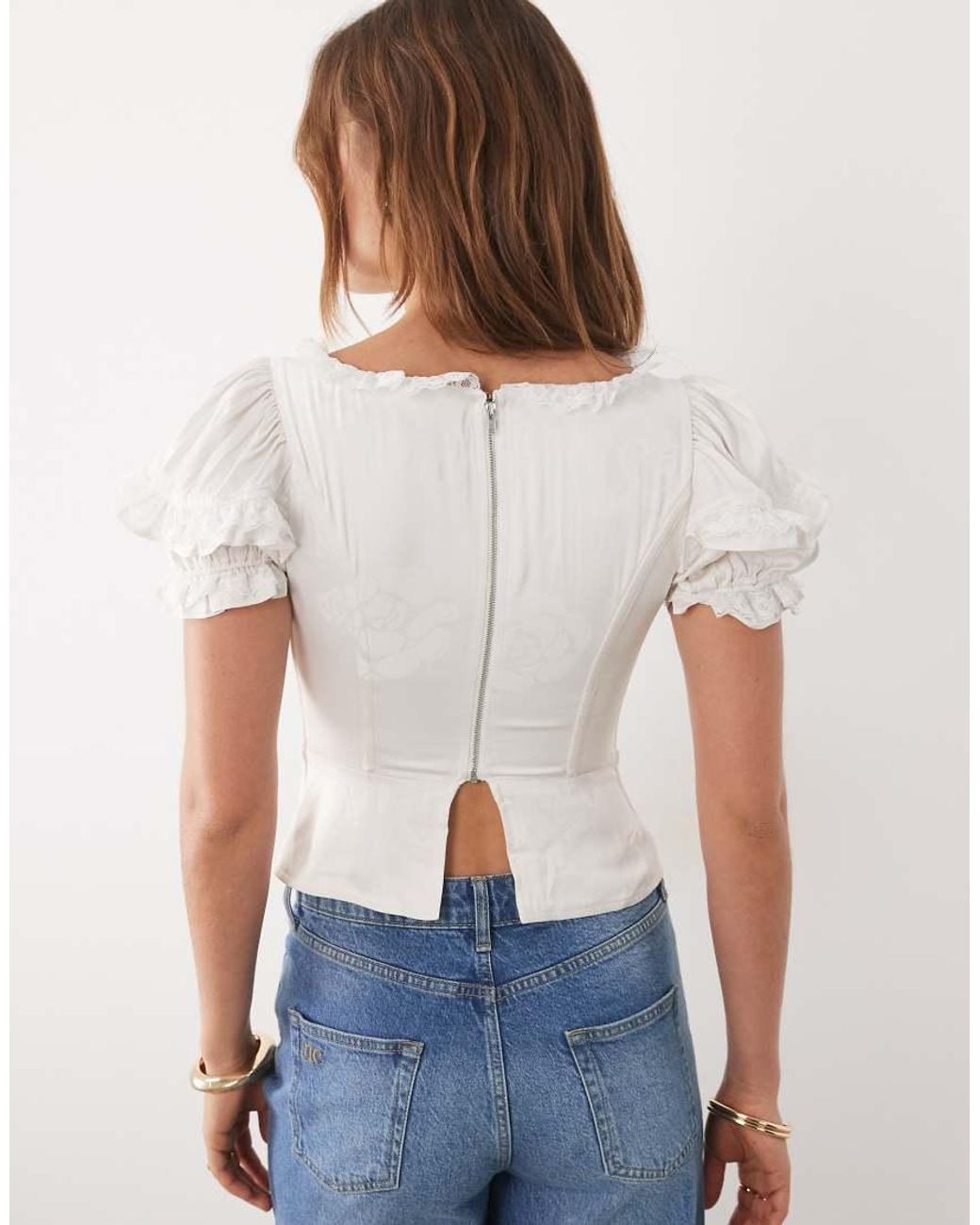 For Love & Lemons White Isadora Lace Up Front Puff Sleeve Corset Bustier Top