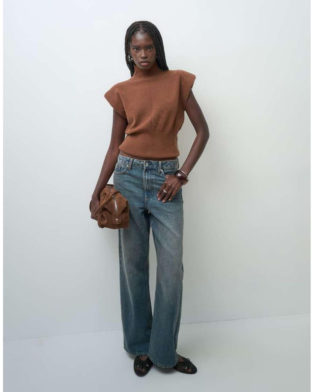 ASOS Red Knitted High Neck Top With Shoulder Pad Details