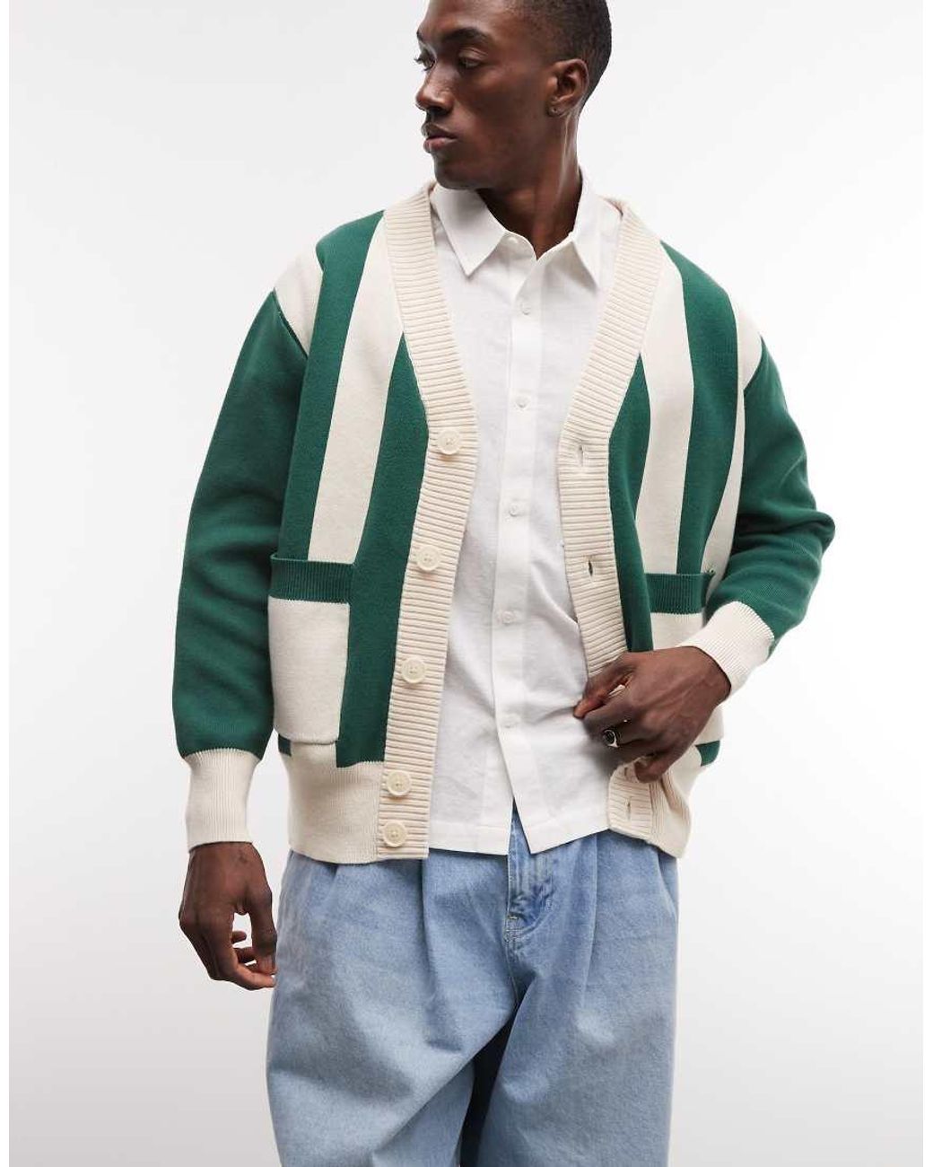 BLKVIS Green Stripe Button Up Cardigan With Back Graphic for men