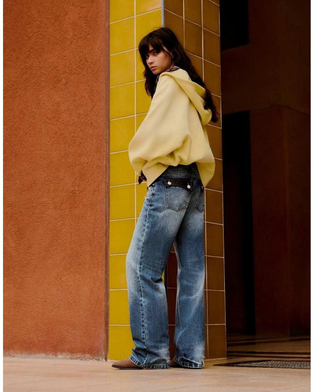 Bershka Blue Jeans With Leather-effect Details