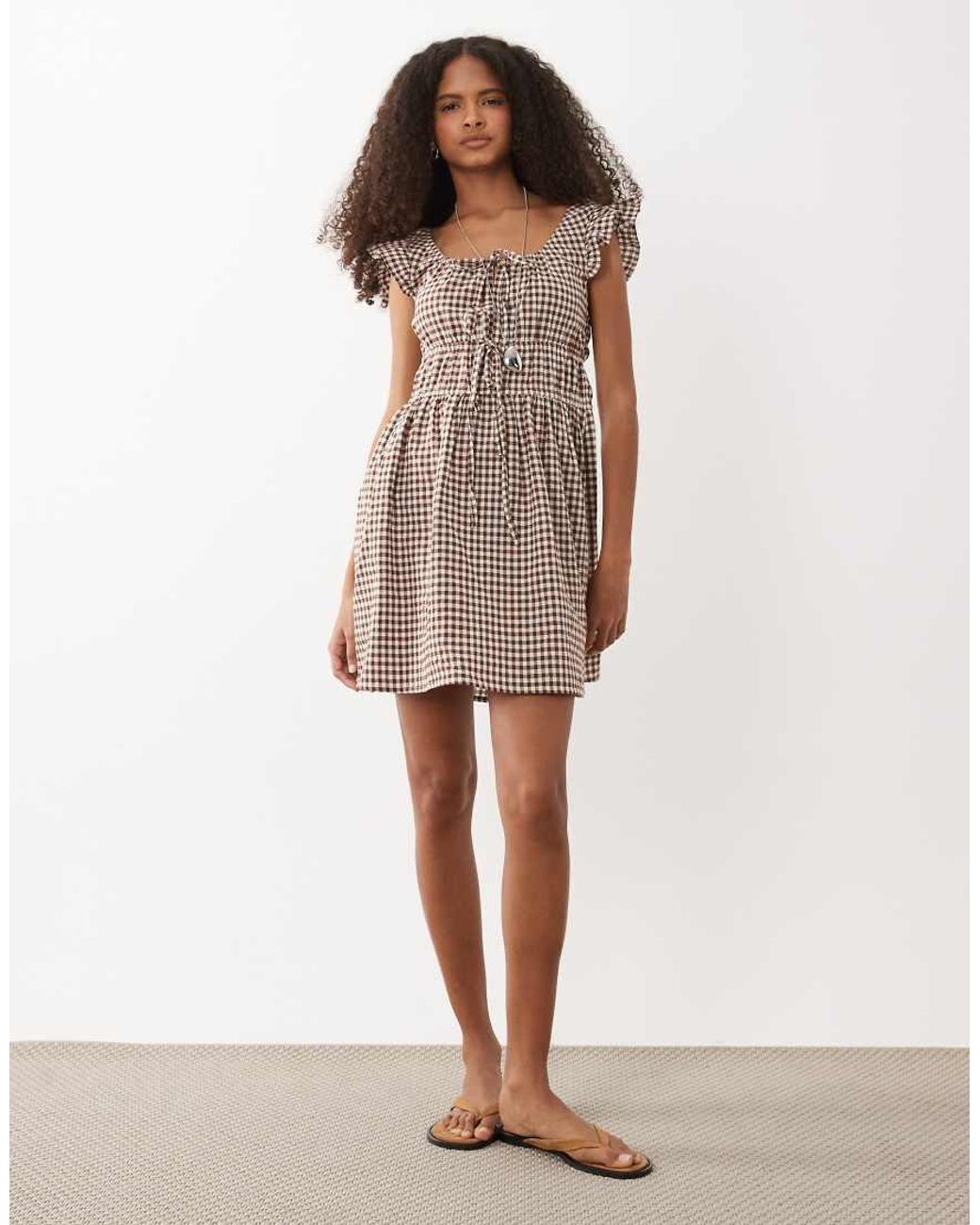 Wednesday's Girl Brown Wednesdays Girl Milkmaid Ruffle Sleeve Dress