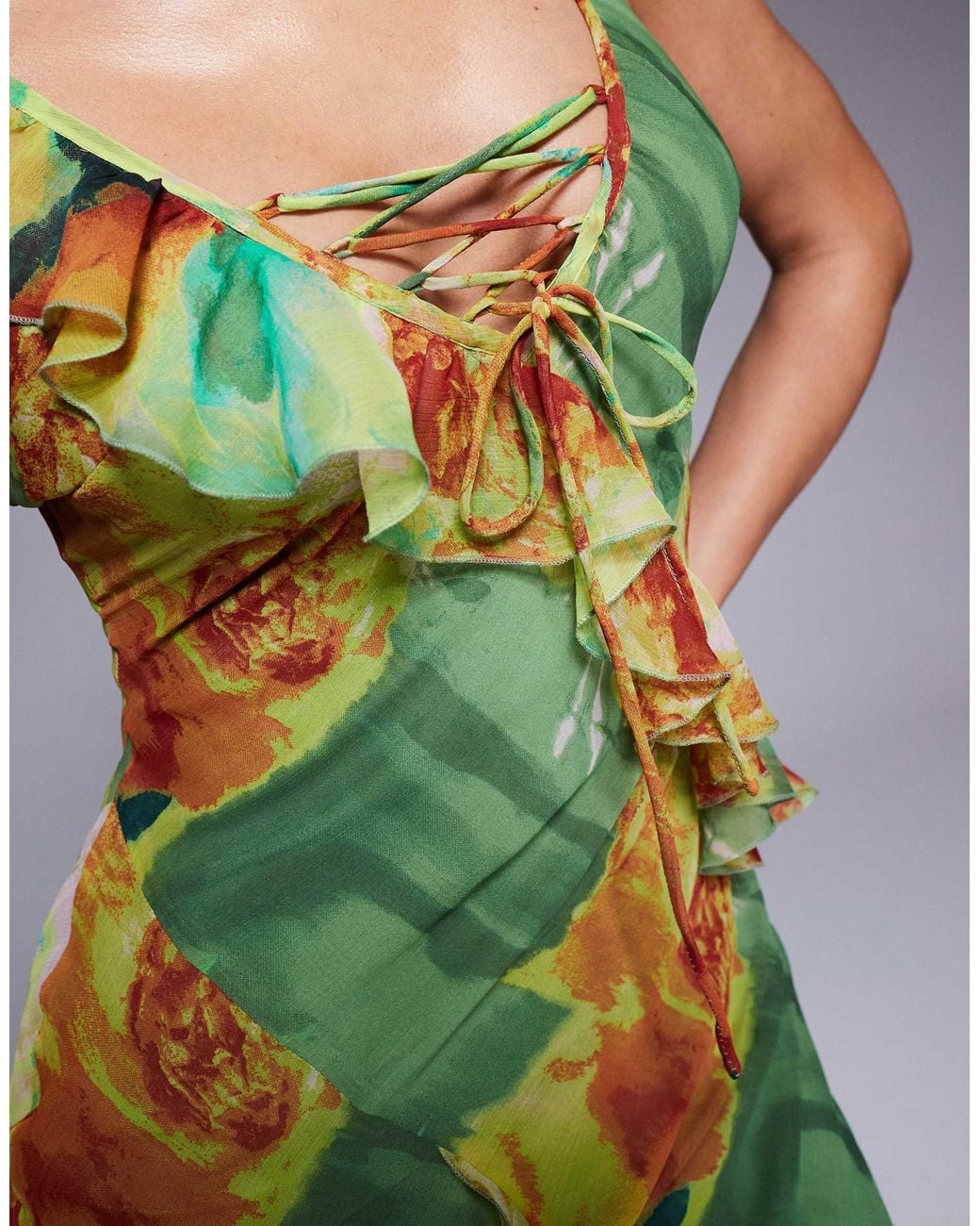 ASOS Green Plunge Lace Up Ruffle Cami Midi Dress Abstract Floral
