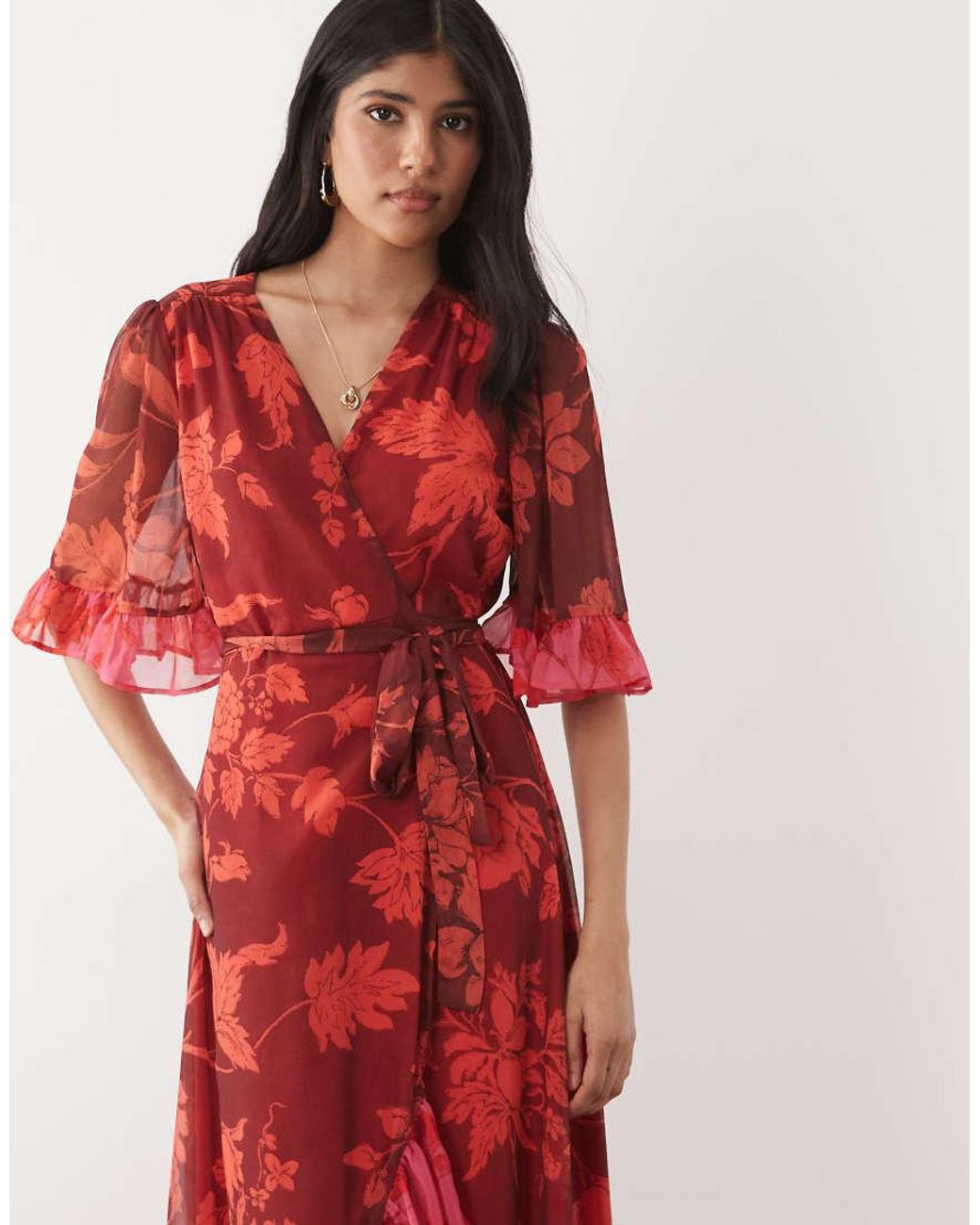 Hope & Ivy Red Flutter Sleeve Contrast Wrap Maxi Dress