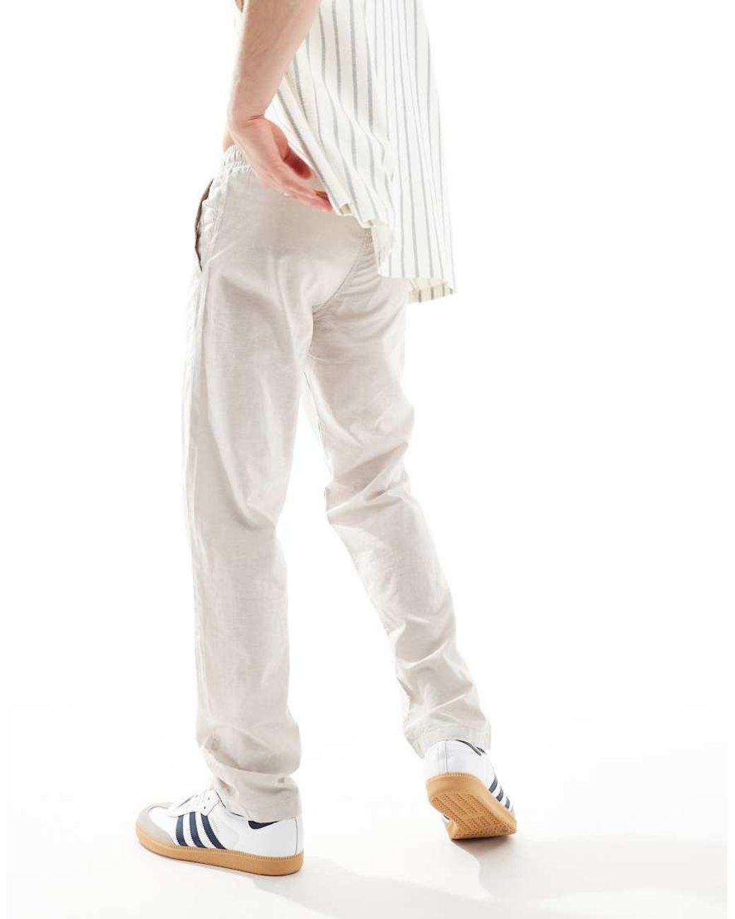 Jack & Jones White Straight Leg Pull On Linen Trouser for men